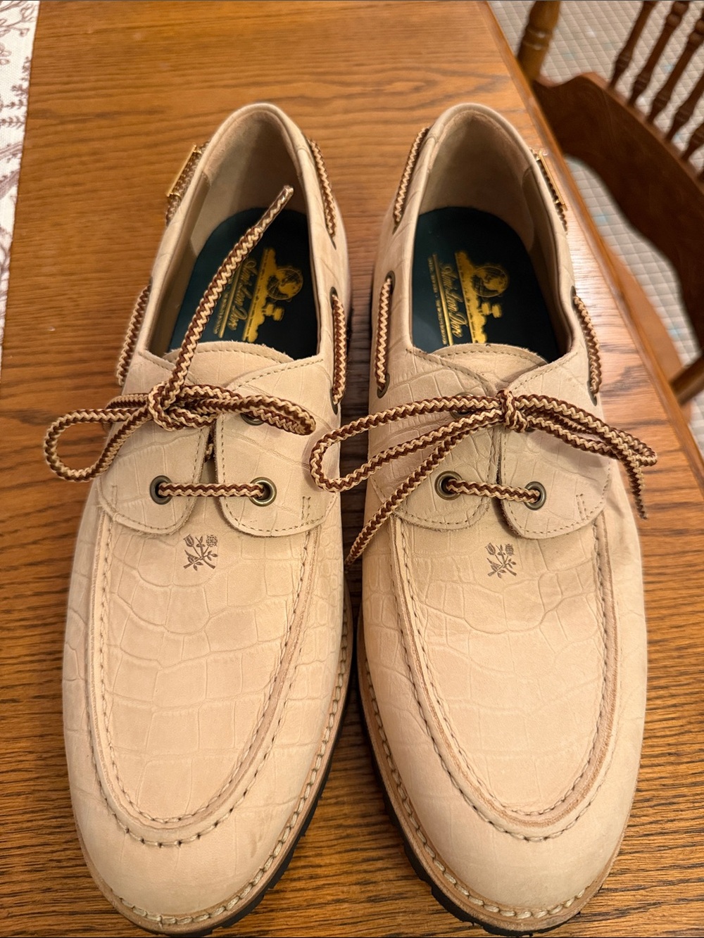 Aime Leon Dore Beige Croc-Embossed Boat Shoes with Brown Braided Laces